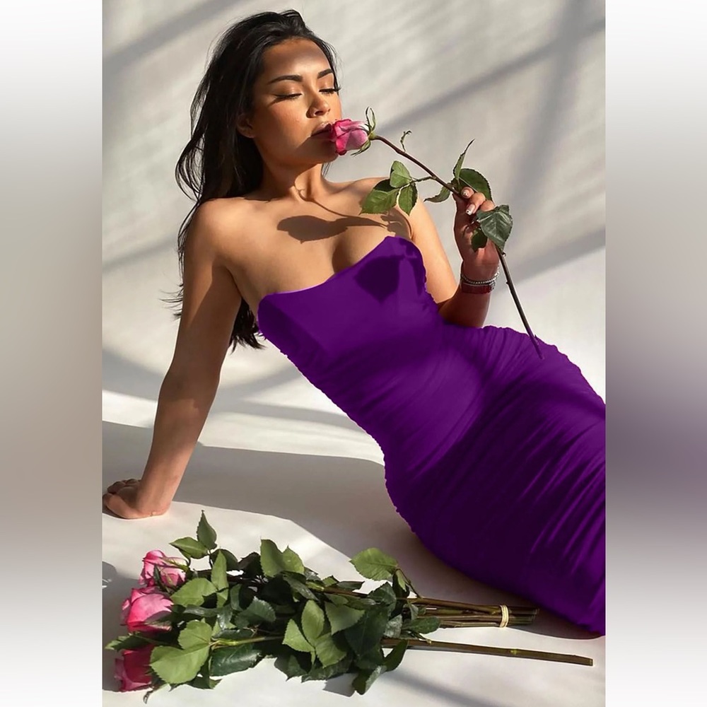Ruched For Me Mesh Midi Dress - Purple NWT
